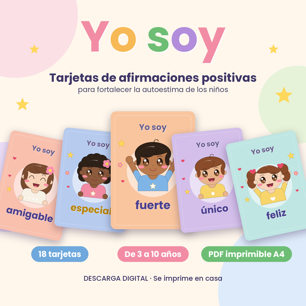 Tarjetas "Yo soy" · Afirmaciones positivas para niños · 18 tarjetas imprimibles PDF A4