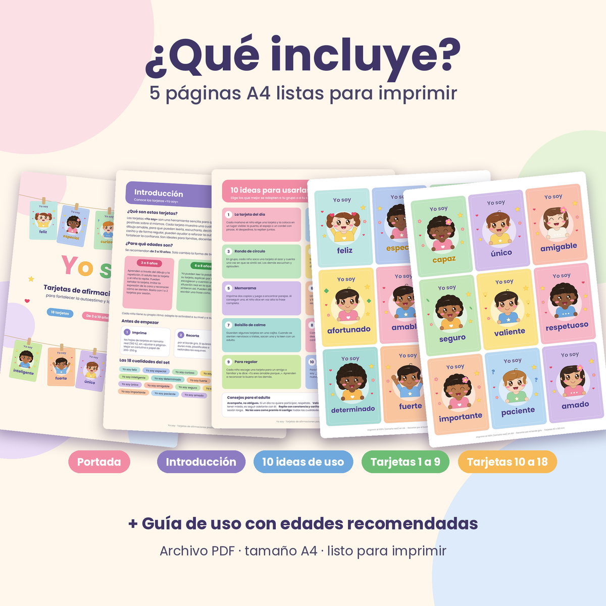 Tarjetas "Yo soy" · Afirmaciones positivas para niños · 18 tarjetas imprimibles PDF A4