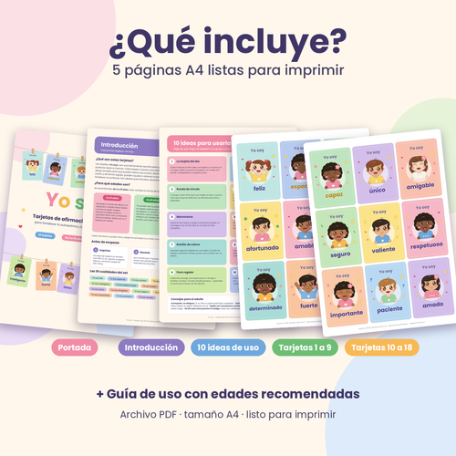 Tarjetas "Yo soy" · Afirmaciones positivas para niños · 18 tarjetas imprimibles PDF A4