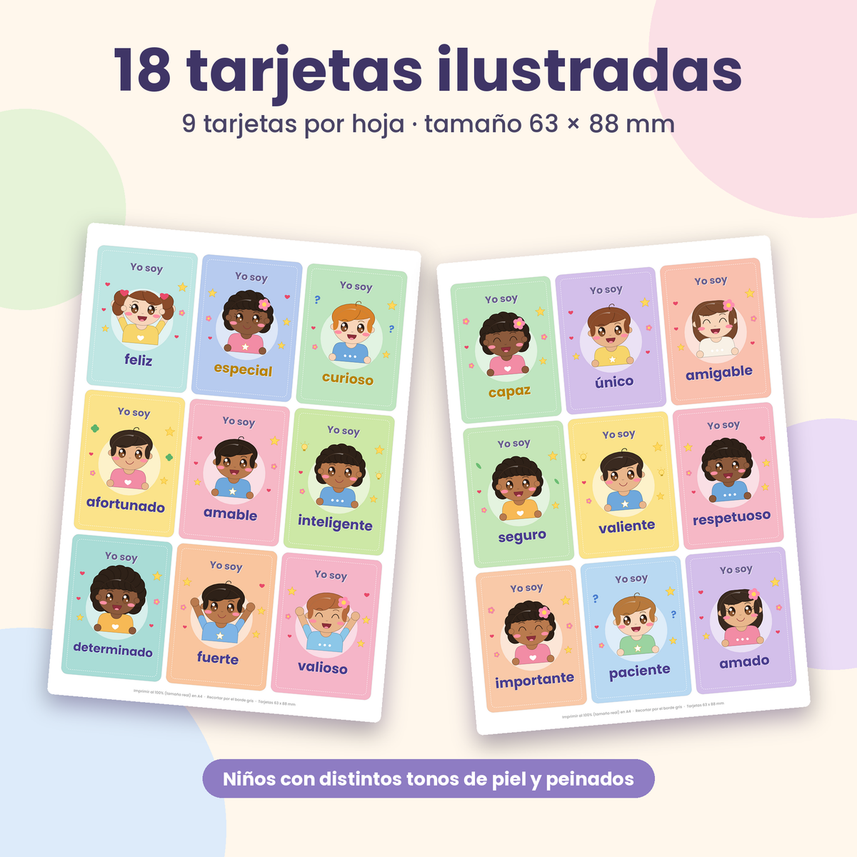 Tarjetas "Yo soy" · Afirmaciones positivas para niños · 18 tarjetas imprimibles PDF A4
