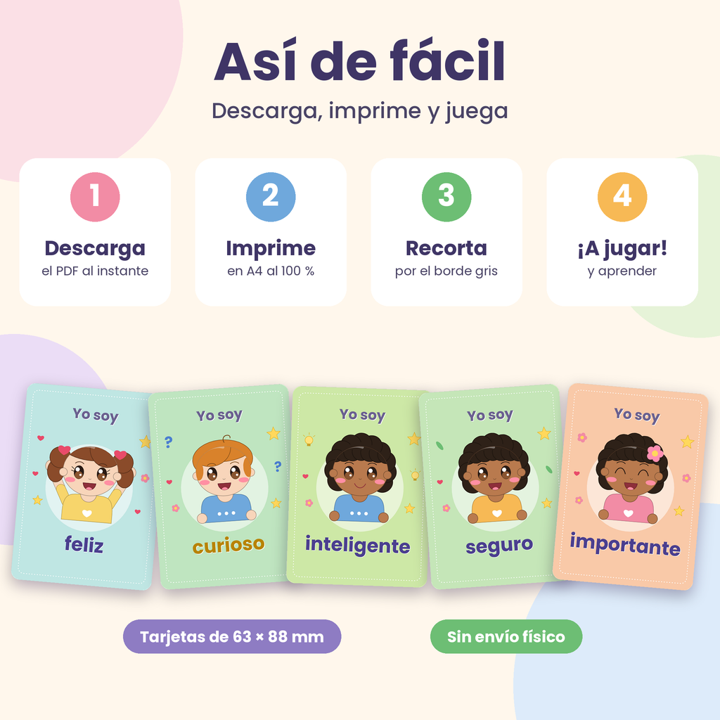 Tarjetas "Yo soy" · Afirmaciones positivas para niños · 18 tarjetas imprimibles PDF A4